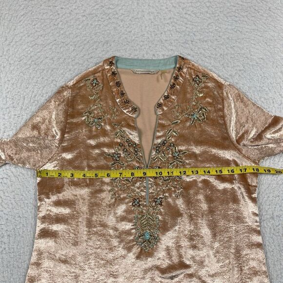 Soft Surroundings Shirt Womens XS Pink Velvet Embroidered Beaded Moroccan‎ Tunic - Picture 7 of 10